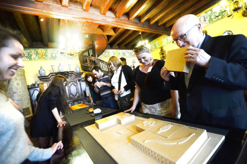 An exhibition prepared by students of Design at the Pedagogical University of Krakow, right: Professor Andrzej Mania, JU Vice-Rector for Education, "To Touch Culture 2015", photograph by A. Wojnar