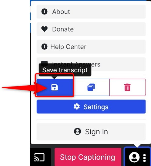 Zrzut ekranu z lista opcji. Widoczny m.in. przycisk "Save transcript".