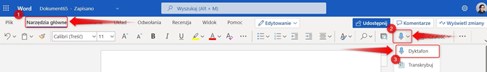 Zrzut ekranu z programu Word 365 online, na pasku menu zaznaczono,  strzałką o numerze 1 Narzędzia główne, strzałką o numerze 2 - ikonę Dyktafonu z rozwijanym menu, strzałką nr 3 - wybraną funkcję Dyktafonu