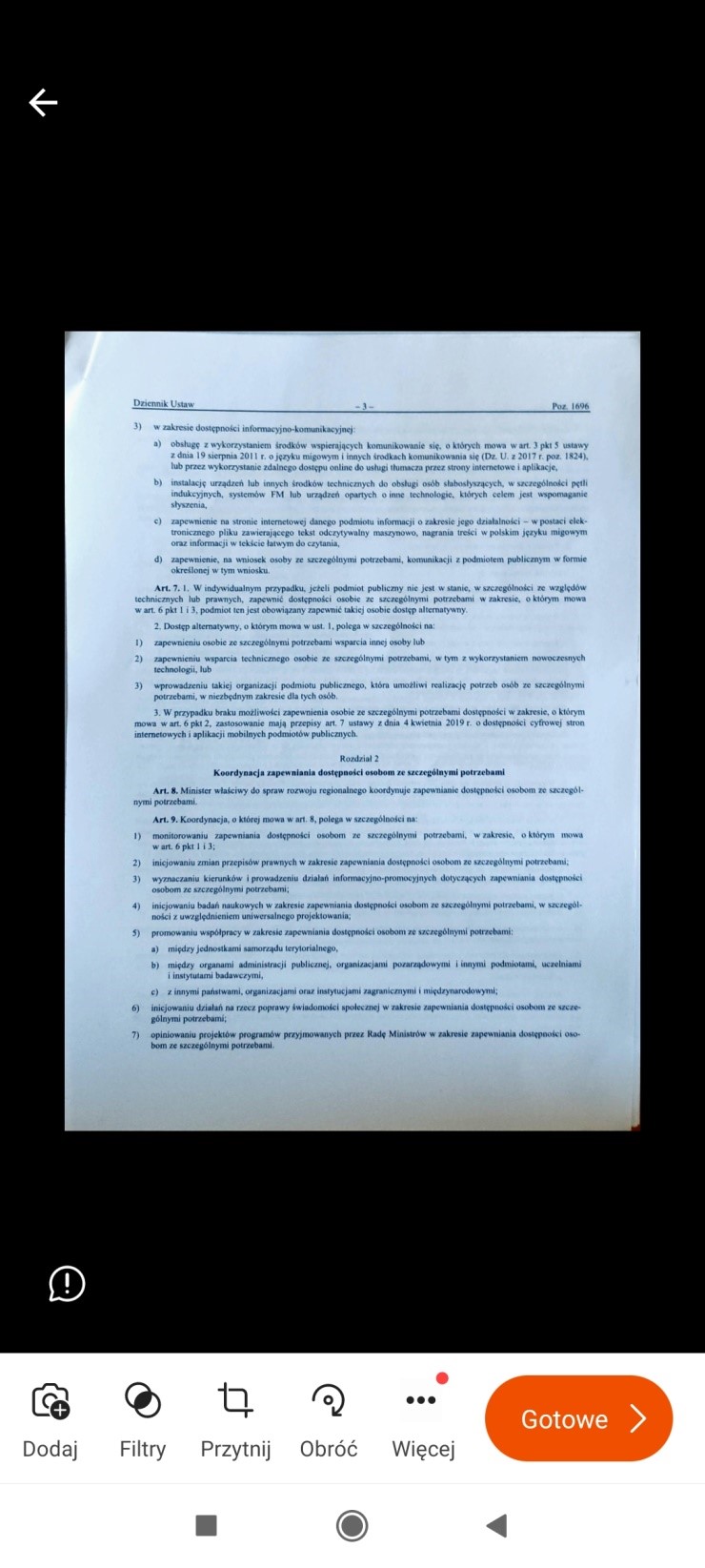 Grafika 3. Wykadrowany dokument, poniżej dokumentu pomarańczowy przycisk z napisem Gotowe