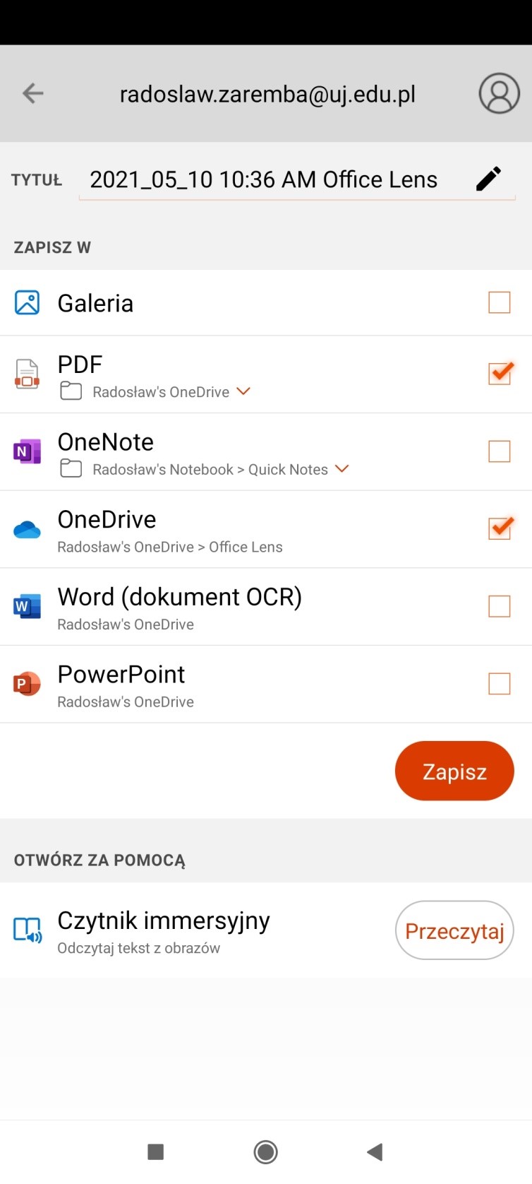 Image 4. Possible formats for saving the document: PDF, OneNote, Word and PowerPoint