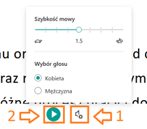 знімок екрана Word Office 365 онлайн, показано другу групу кнопок  1. параметри синтезатора (швидкість, вибір голосу)  2. читання та затримка