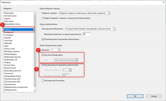 Screenshot from Adobe Acrobat Reader, Preferences window activated, arrows indicate the Reading option (1), options Use Default Voice (2) and Use Default Speech Attributes (3).