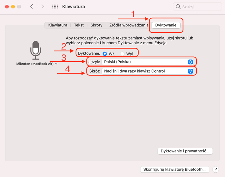 Image 2. Screenshot from the app, you can see the Dictation tab marked with arrow 1, dictation option enabled (arrow 2), Polish language selected (arrow 3), shortcut selected - press Control twice (arrow 4)