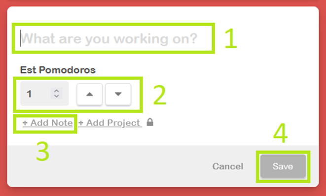 Zrzut ekranu z aplikacji Pomodoro. Widok pola edycji i dodawania nowego zadania.