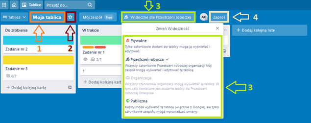 Screenshot from Trello app, view of Trello board, arrows indicate individual elements