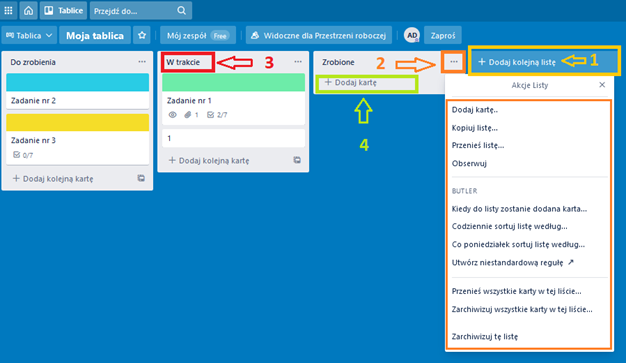 Screenshot from the Trello app, visible Lists in it