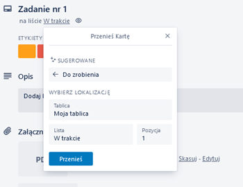 Screenshot from the Trello app, visible Card edit field that allows the user to move a card to another board.
