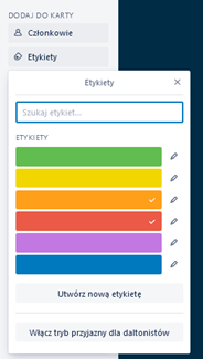 Zrzut ekrany z aplikacji Trello, Widoczne różne kolory etykiet do wyboru