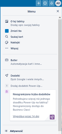Screenshot from the Trello app, with a side menu of the board visible
