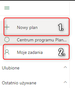 Zrzut ekranu z aplikacji Planner, widok na dwa pola wyboru - opcja utworzenia "nowego planu" lub "moich zdań"