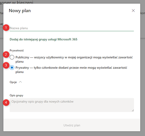 2. Screenshot from the Planner app, view of the New Plan options