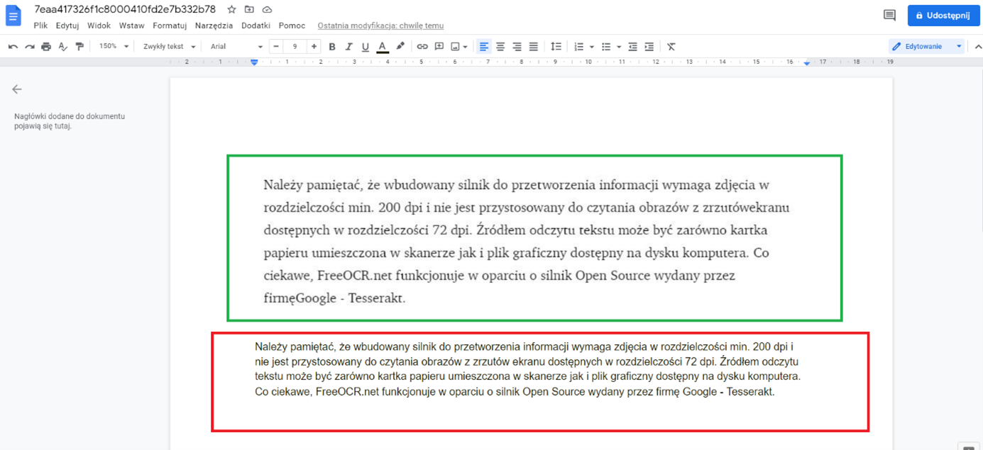 Screenshot from Google Drive, displayed text - one at the top in a green frame as an image, the other in a red frame - recognised by the application in its editable version